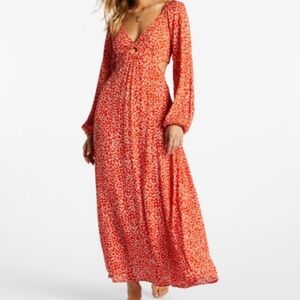 Billabong Red Floral Long Sleeve Dress Cutout